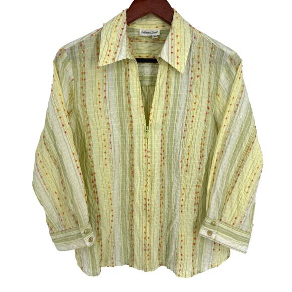 Coldwater Creek Medium Light Green/Yellow Artsy Summer Zip Blouse Shirt Top - Picture 1 of 7